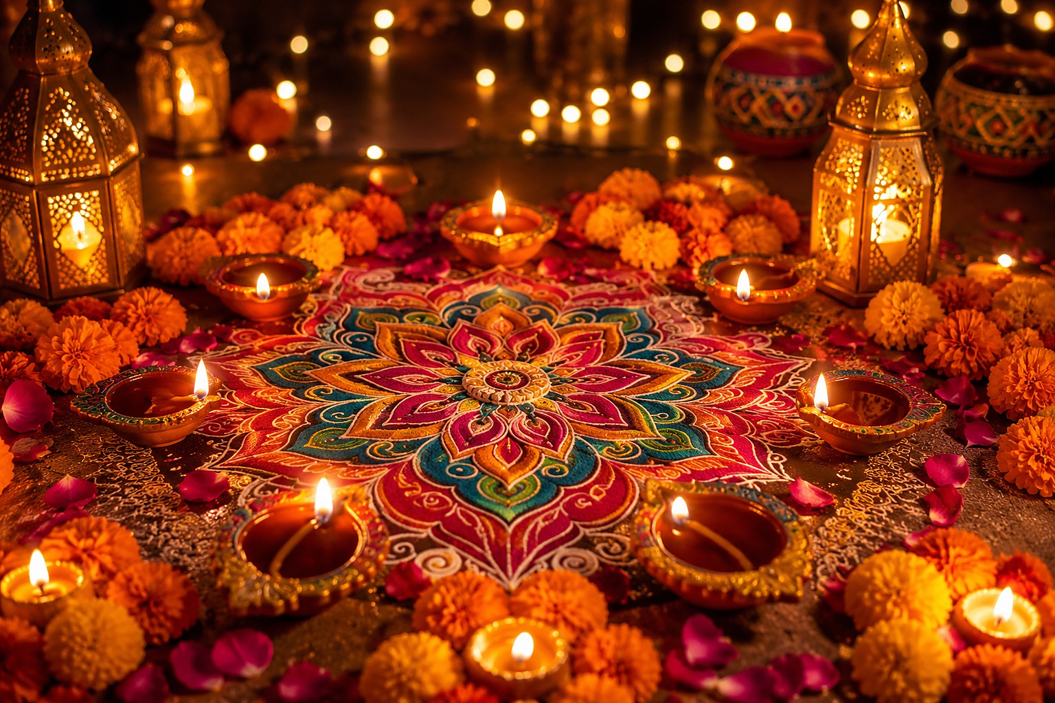 A rangoli surrounded by lit diyas, marigolds and lanterns